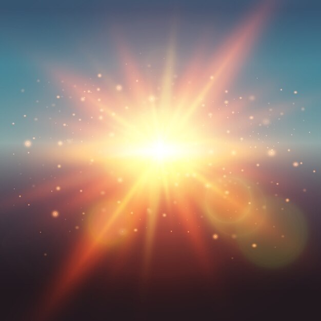 Realistischer Glühen Frühlingssonnenschein bei Sonnenaufgang oder Sonnenuntergang mit Linsenfackelstrahlen und Partikelvektorillustration