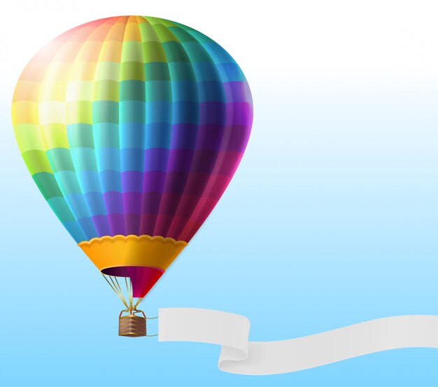 realistischer Heißluftballon mit den Regenbogenstreifen, fliegend auf blauen Himmel mit leerem Band
