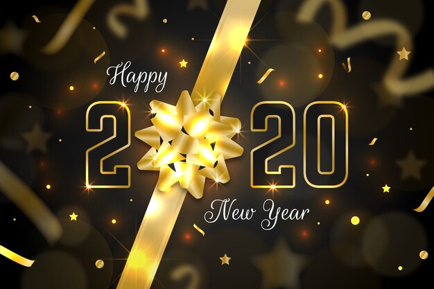 Realistischer Hintergrund 2020 des neuen Jahres mit goldenem Geschenkbogen