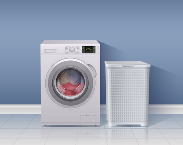 Realistischer Hintergrund der Waschmaschine mit Wäschereiausrüstungssymbolillustration