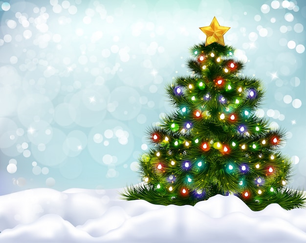 Realistischer Hintergrund mit schön geschmücktem Weihnachtsbaum und Schneebänken
