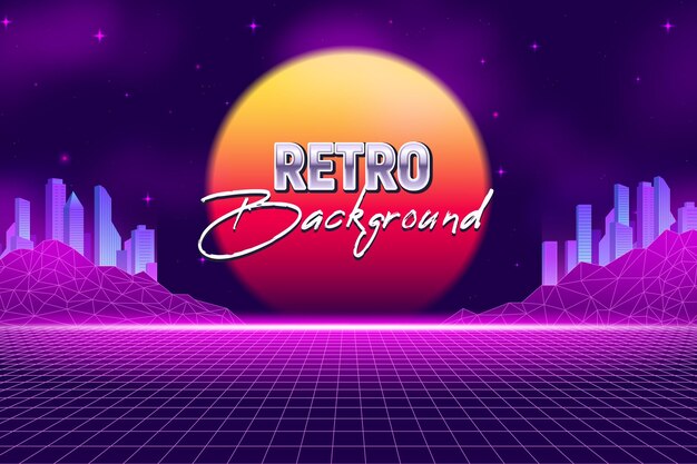 Realistischer horizontaler Hintergrund der Retro-Wellenparty und Landschaft der virtuellen Realität mit Neonwolkenkratzern