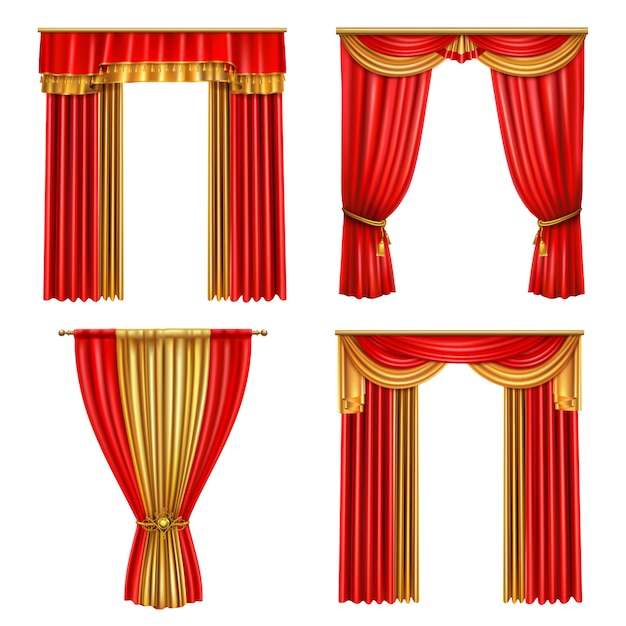 Realistischer Ikonensatz der vier verschiedenen Luxusvorhänge für die Dekoration der Theaterillustration des Opernereignisses