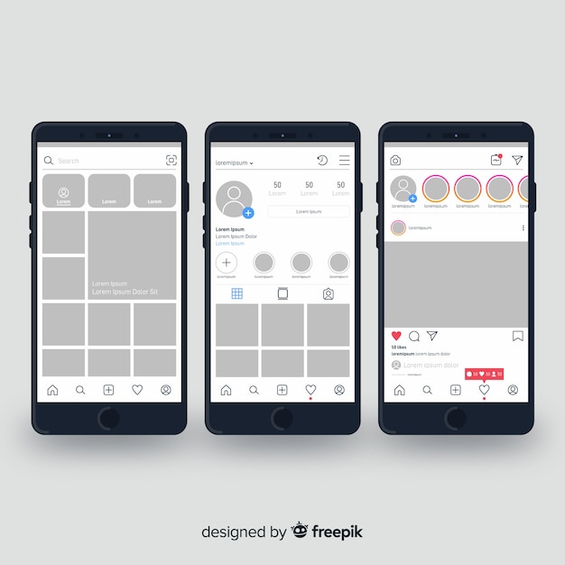 Kostenloser Vektor realistischer instagram-fotorahmen auf smartphone-sammlung