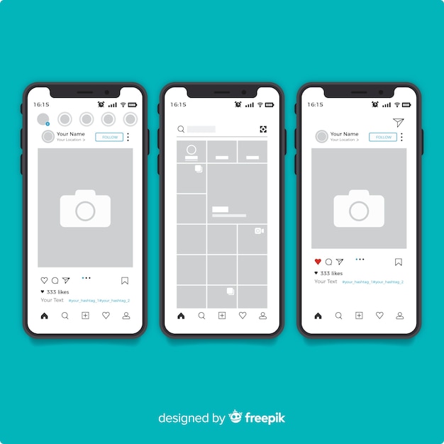 Kostenloser Vektor realistischer instagram-fotorahmen auf smartphone-sammlung