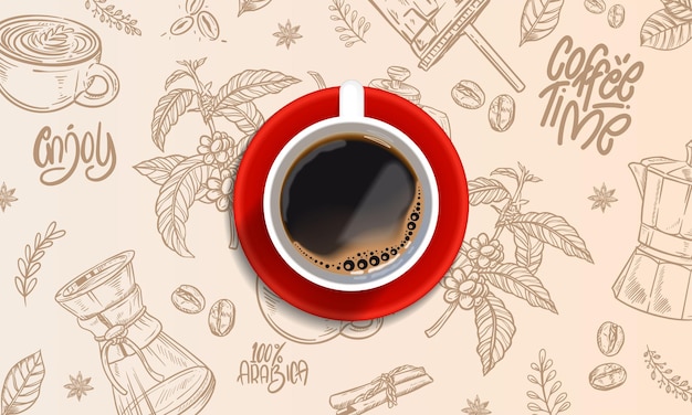 Kostenloser Vektor realistischer kaffeehintergrund mit zeichnungen
