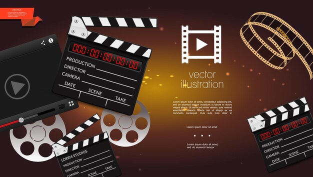 Realistischer Kinolichthintergrund mit Filmklappe, Filmstreifen und Rollenillustration