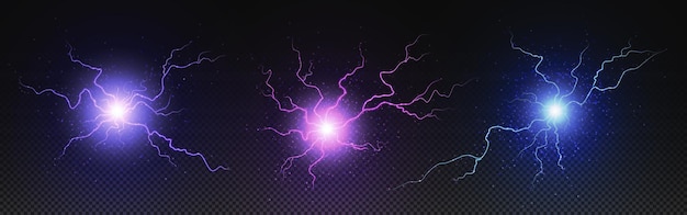 Kostenloser Vektor realistischer kreis elektrischer bolzen energieexplosion blitz power ball mit funkenvektor-effekt isoliert auf dem hintergrund 3d donner entladung lila rosa und blau donner blitz neon-laser-leuchtung
