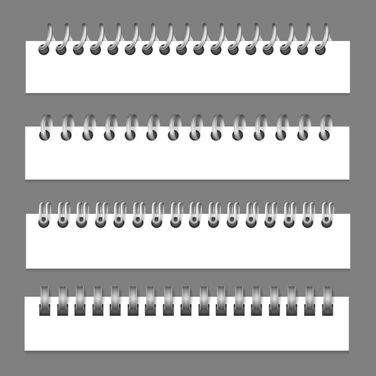 Kostenlose Vektor realistischer metallbinderpapiersatz von einzelnen bildern mit draufsichten von notizbuchblättern mit lochvektorillustration