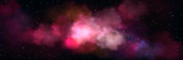 Kostenloser Vektor realistischer nachthimmel mit rosa wolken. vektorillustration von magisch funkelnden sternen, die im dunklen raum verstreut sind. bunte farbverlaufsnebel, die in der luft fliegen, glitzerpulverspritzer. abstraktes fantasy-universum