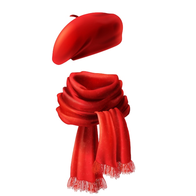 Realistischer roter Schal und Kopfbedeckung des Rotes 3d - französischer Hut, Barett. Gestrickter Stoff