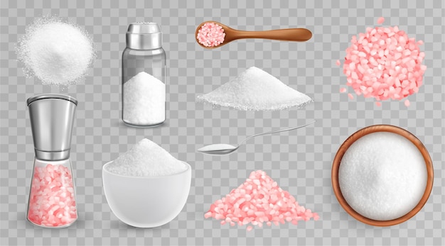 Realistischer salzsatz von isolierten bildern mit weißem und rosafarbenem salz in kellerplatten und stapelvektorillustration