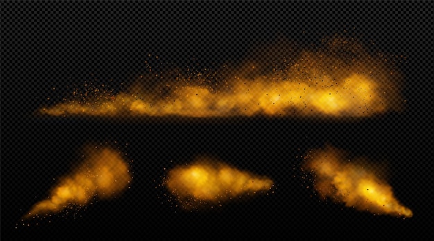Kostenloser Vektor realistischer satz brauner pulverwolken auf transparentem hintergrund. vektorillustration der zimtgeschmacksexplosion, kaffeearomaspritzer, staub platzt mit in der luft fliegenden partikeln, wüstensandsturmeffekt