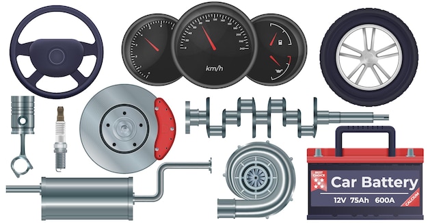 Kostenloser Vektor realistischer satz der autoteile mit autobatteriesymbolen lokalisierte vektorillustration