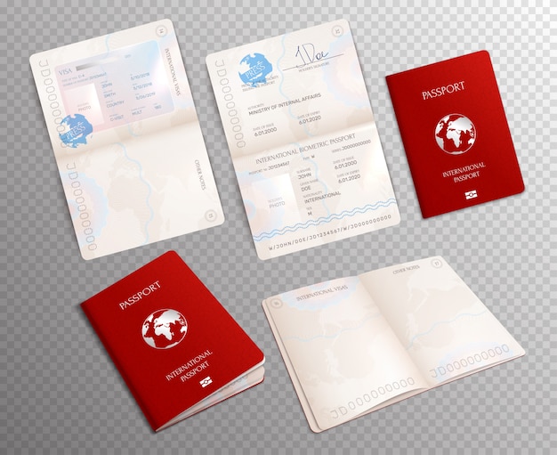 Realistischer satz des biometrischen passes auf transparentem mit den dokumentenmodellen geöffnet auf verschiedenen blättern