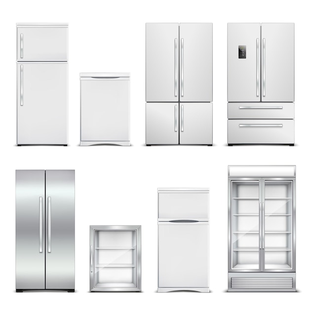 Realistischer Satz des Kühlschrankkühlschranks lokalisierte Kabinette mit verschiedenen Modellen und Türformen auf freiem Raum
