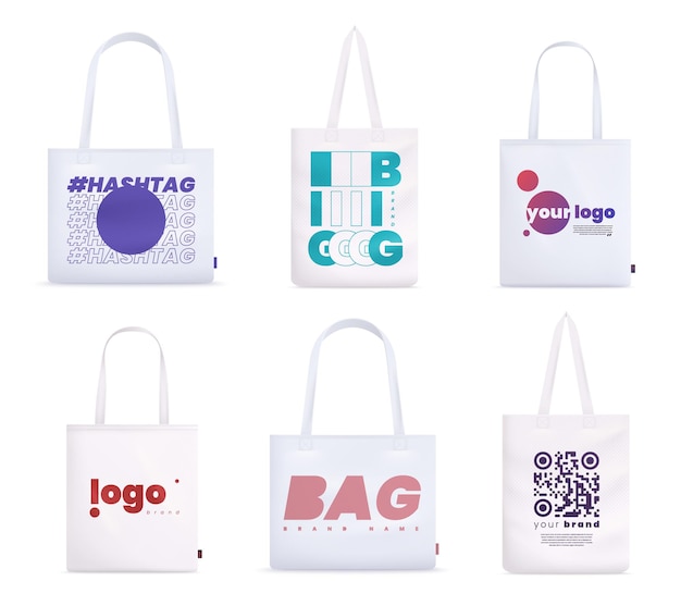 Realistischer Satz des Tote-Stofftaschenmodells mit isolierten Bildern von modernen Stofftaschen mit verschiedenen Kunstwerken, Vektorgrafik