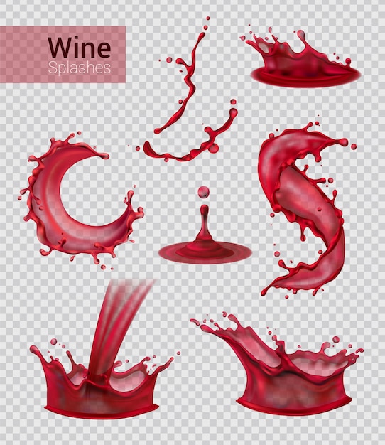 Realistischer Satz des Weinspritzens lokalisierte Sprays des flüssigen Rotweins mit Tropfen auf transparenter Illustration
