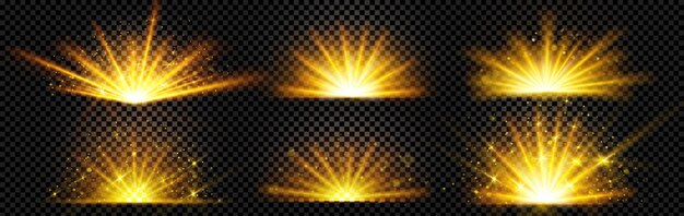 Realistischer Satz goldenen Lichtscheins isoliert auf transparentem Hintergrund Vektorillustration eines gelben Blitzes mit schimmernden Glitzerpartikeln Magische Energieexplosion Bokeh-Effekt Sonnenstrahlen