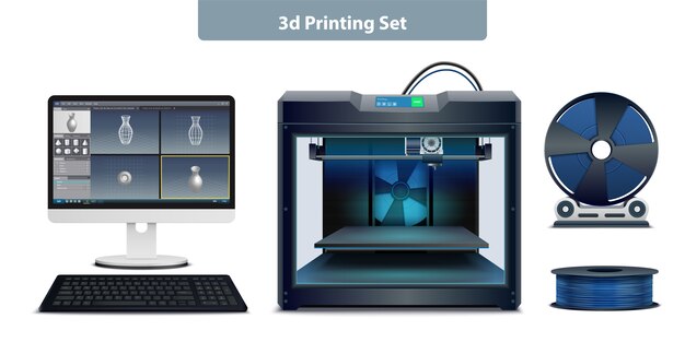 Realistischer Satz notwendiger Ausrüstung für den 3D-Druck isolierte Vektorillustration