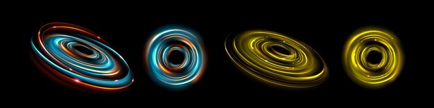 Realistischer Satz runder neonfarbener Lichtfackeln auf schwarzem Hintergrund. Vektorillustration gelber und türkisfarbener kreisförmiger Spiralwirbel mit leuchtenden Partikeln, Halo-Effekt, schillernder Energiewirbel