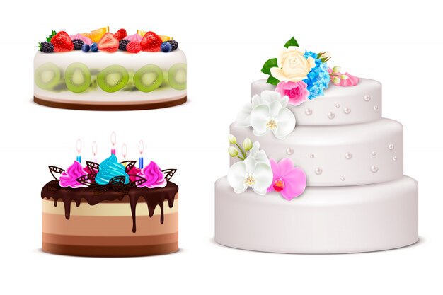 Realistischer Satz von Geburtstags- und Hochzeitsfestkuchen, die durch cremefarbene Blumenstrauß beleuchtete Kerzen und frische Früchte lokalisierte Illustration verziert werden