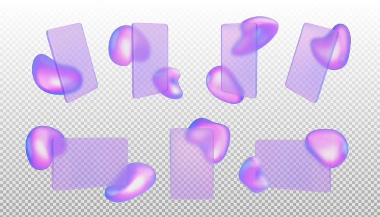 Kostenlose Vektor realistischer satz von glasmorphismus-rechtecken mit abstrakten holografischen designelementen auf transparentem hintergrund. vektorillustration einer vertikal horizontalen vorderseitenansicht mit verschwommenem telefonbildschirm