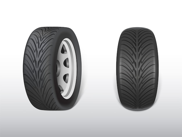 Realistischer schwarzer Reifen 3d, glänzender Stahl und Gummirad für Auto, Automobil.