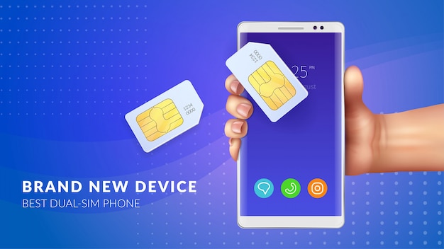 Realistischer sim Hintergrund der codierten Karte mit nagelneuem Gerät bester Doppelsim Telefon-Schlagzeilenillustration