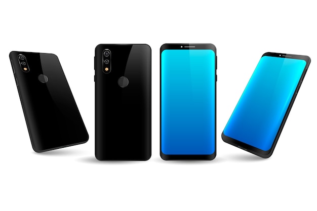 Realistischer Smartphone in verschiedenen Ansichten mit dem blauen Desktop