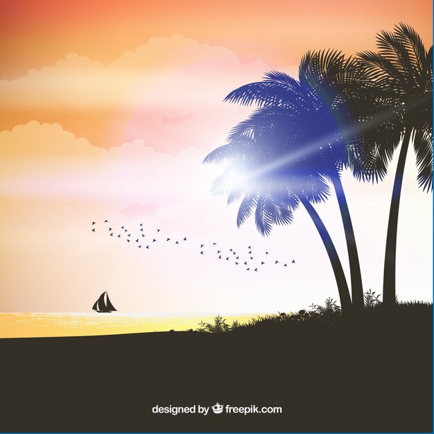 Realistischer Sommersonnenuntergang mit Palmenschattenbildern