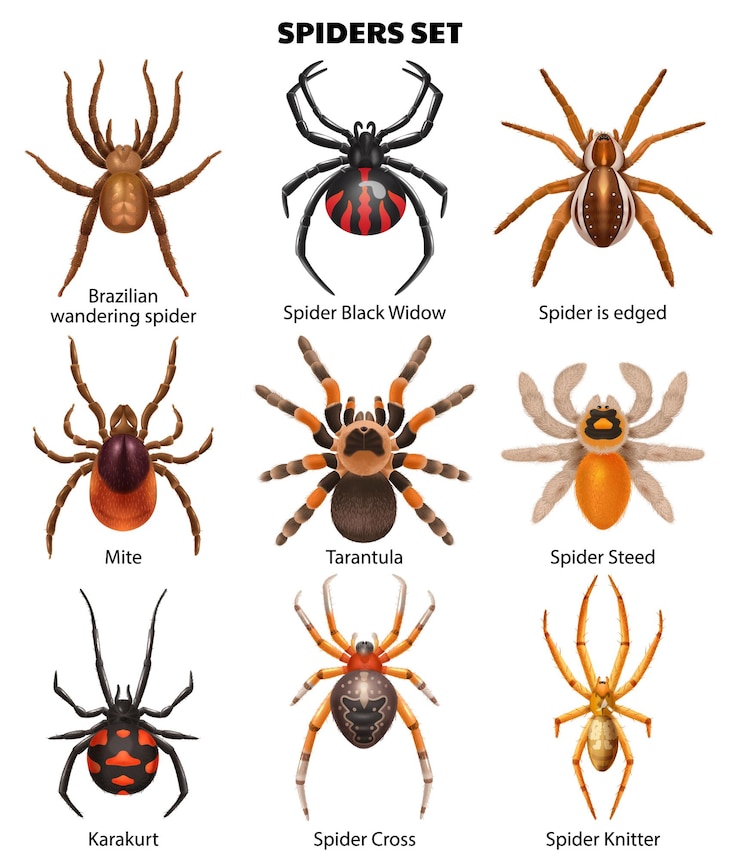 Kostenlose Vektor realistischer spinnensatz von isolierten symbolen mit isolierten draufsichtbildern von insekten mit textunterschriften-vektorillustration