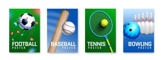 Realistischer sport farbiger vertikaler plakatsatz fußball baseball tennis und bowling schlagzeilen vektorillustration