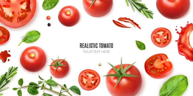 Realistischer Tomatenrahmenhintergrund mit bearbeitbarem Text, umgeben von isoliertem reifem Gemüse und Grüns