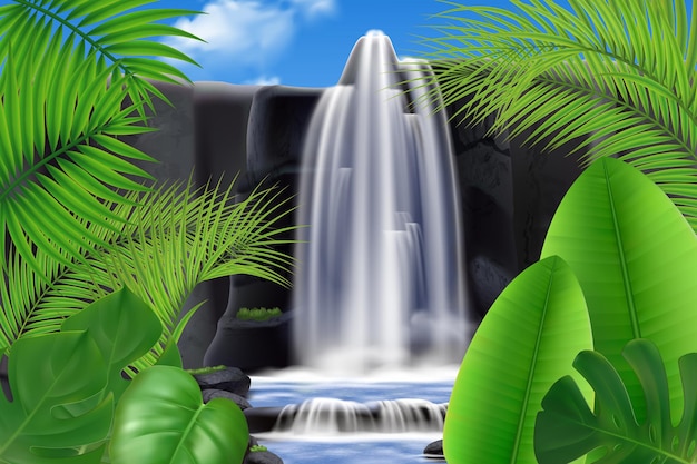 Realistischer tropischer Wasserfall mit Blattillustration
