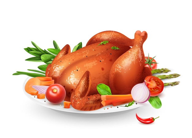 Realistisches Brathähnchen mit Gemüsegarnitur auf Plattenvektorillustration