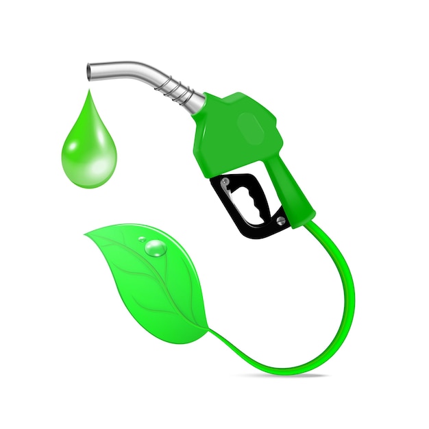 Kostenloser Vektor realistisches designkonzept des biokraftstoffs mit grünem blatt der griffpumpendüse und grüner kraftstofftropfenvektorillustration