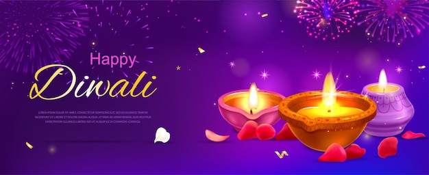 Realistisches diwali-poster mit traditionellen lampen und feuerwerksvektorillustration