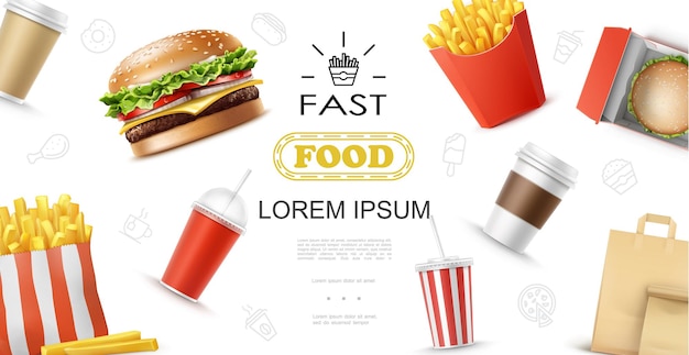 Realistisches fast-food-elementkonzept mit pommes-frites-burger-kaffeetassen-soda und papiertütenillustration