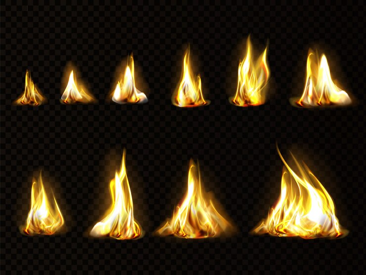 Kostenlose Vektor realistisches feuerset für animation, flamme isoliert