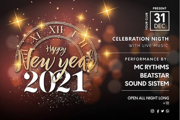 Realistisches frohes neues jahr 2021 night event poster mit goldener textur und bokeh