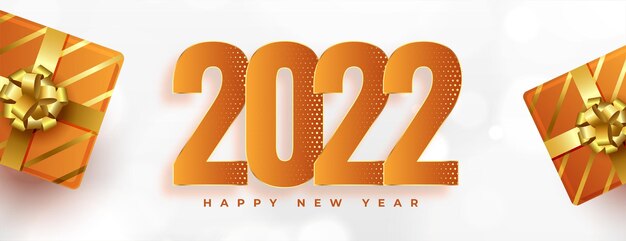 Realistisches Frohes neues Jahr 2022 Banner mit orangefarbenen Geschenkboxen