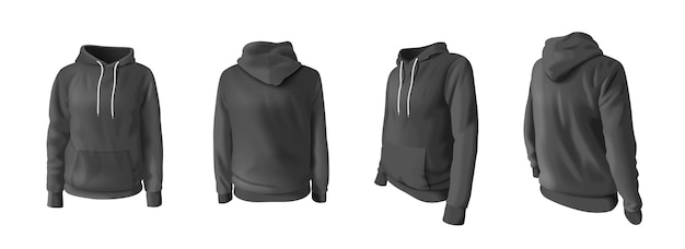 Realistisches hoodie- und kapuzen-sweatshirt-mockup in schwarzer farbe isolierte vektorillustration