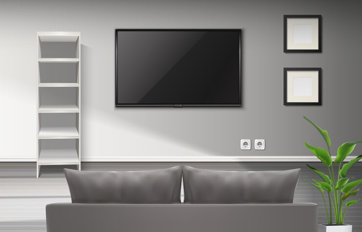 Kostenlose Vektor realistisches interieur des wohnzimmers mit grauer couch und tv-drehbuch