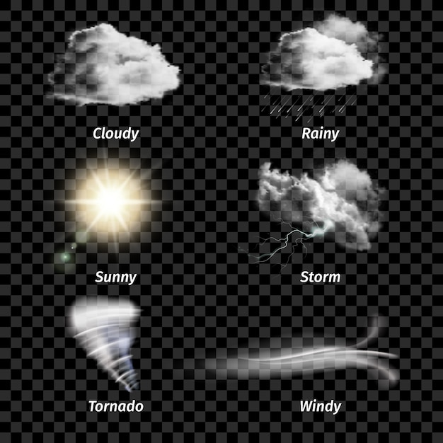 Kostenloser Vektor realistisches isoliertes farbiges wettersymbol eingestellt mit art des wetters