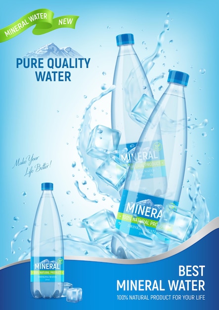 Kostenloser Vektor realistisches mineralwasserplakat mit zusammensetzung von markenplastikflaschen-eiswürfeln und tropfenillustration,