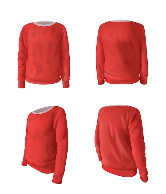 Realistisches modell des unisex-sweatshirts stellte in der roten farbe lokalisierte vektorillustration ein