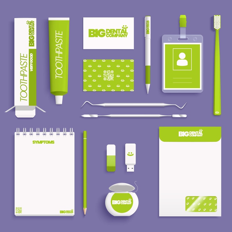 Kostenlose Vektor realistisches modell für stomatologie corporate identity mit zahnpastatube zahnbürste zahnseide abzeichen flash-laufwerk isolierte vektorillustration