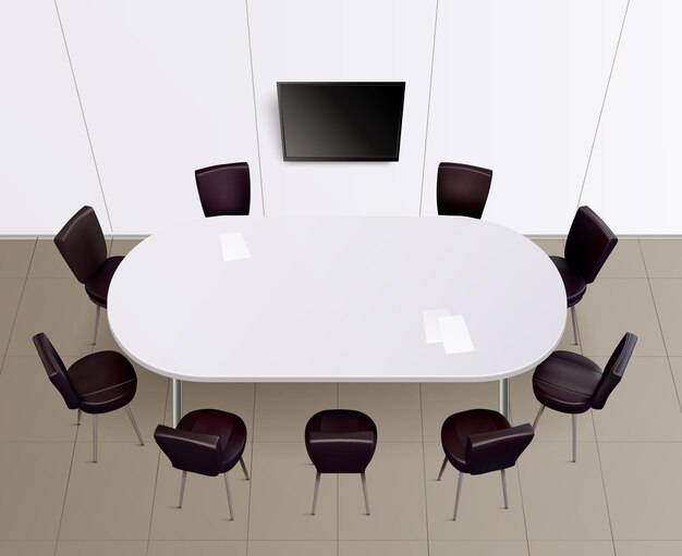 Realistisches modernes Interieur des Casinos mit weißem, ovalem Pokertisch, neun Stühlen und Monitor an der Wandillustration