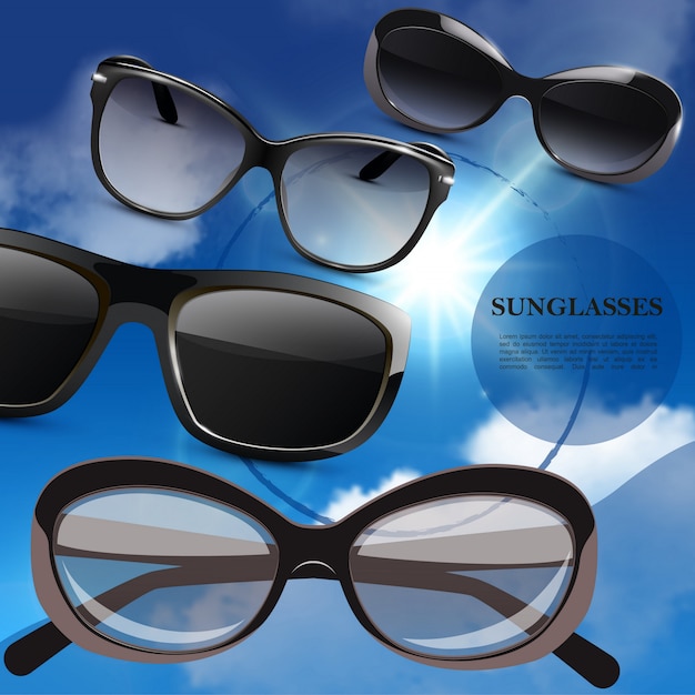 Realistisches modernes stilvolles Sonnenbrillenplakat mit modischen Brillen auf blauem Himmelhintergrund